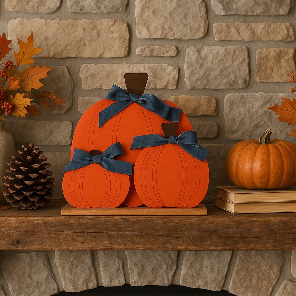 Rustic Wooden Pumpkin Trio with Denim Bows – Farmhouse Fall Mantel Decor